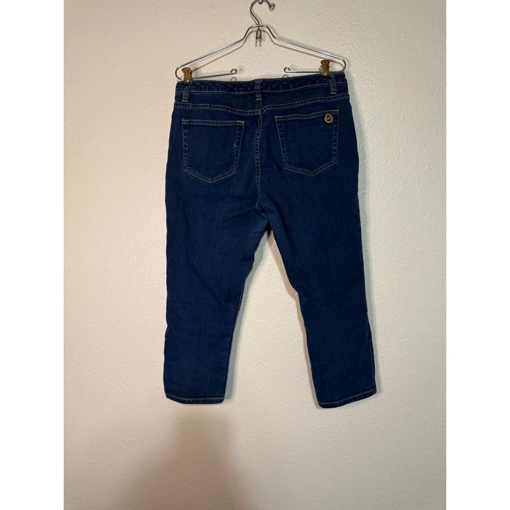 Michael Kors Womens Dark Wash Cropped Capri Jeans Blue Gold Logo Size 10